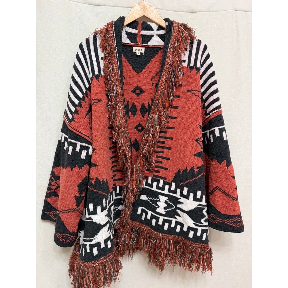 POL Women Cardigan Sweater Aztec Southwestern Fringe Orange Red Boho Fall Cozy